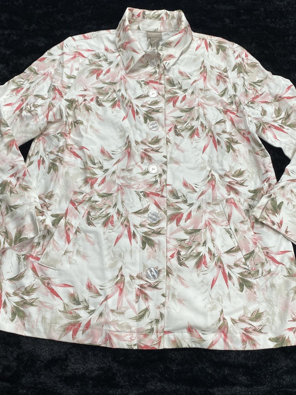 Chico's Size 2 Leaf Print Button Front Jacket Shirt Large US 12 Cotton Stretch